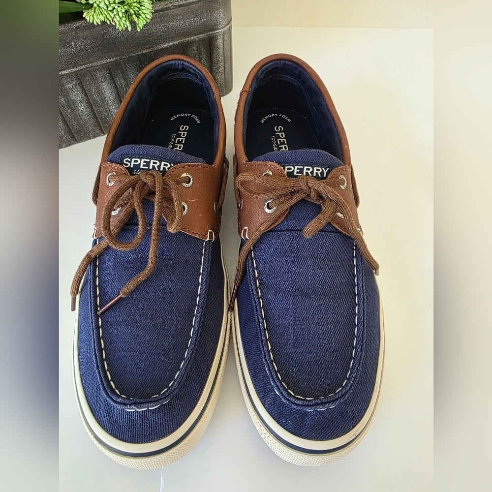 Sperry Halyard 2 Eye Boat Shoes Navy Denim Leather Trim MN 13 Wide Preppy Casual - Picture 8 of 12